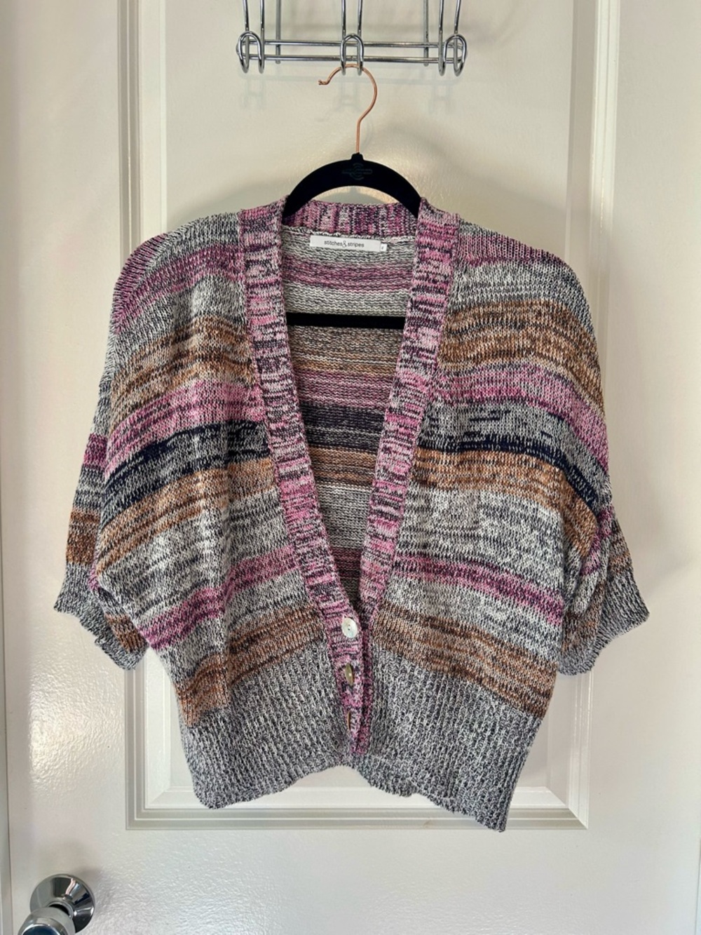 Striped Open-Knit V-Neck Cropped Cardigan Sweater in Pink & Gray